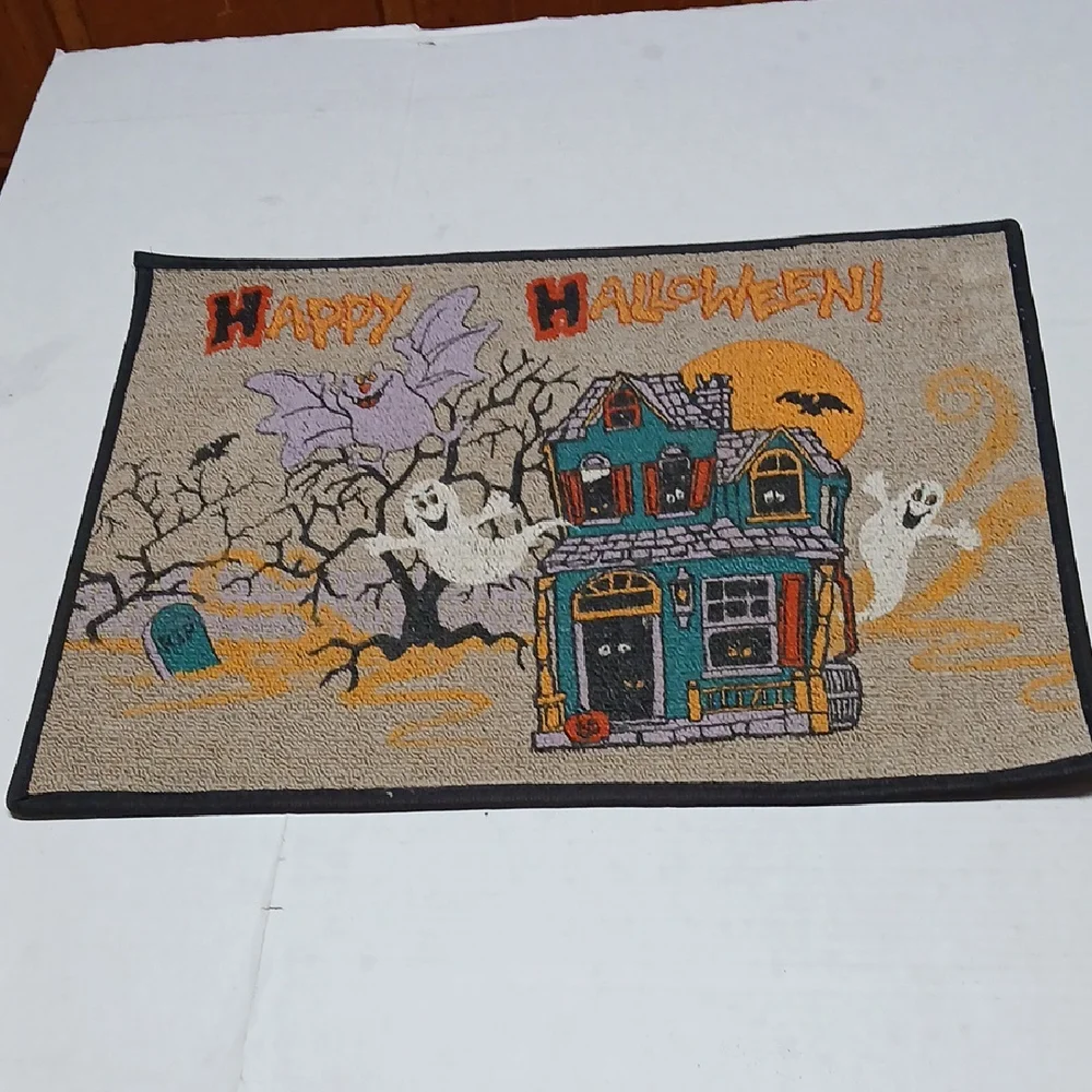Happy Halloween Vintage Kitsch Cute Door Mat Haunted House Ghosts Bat 24 x 18